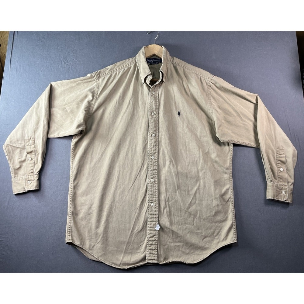 Polo Ralph Lauren Mens Tan Beige Oxford Cloth Button Down Shirt Navy Pony Size M